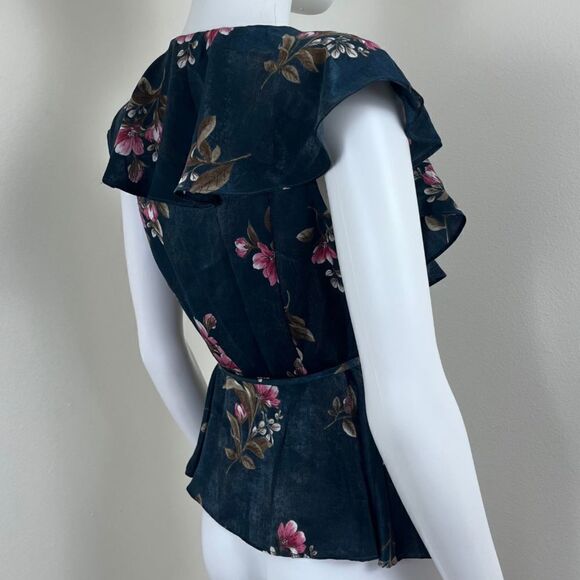 Collective Concept Size M Petite Green Pink Floral Satin Ruffle Wrap Blouse Top - Picture 7 of 13